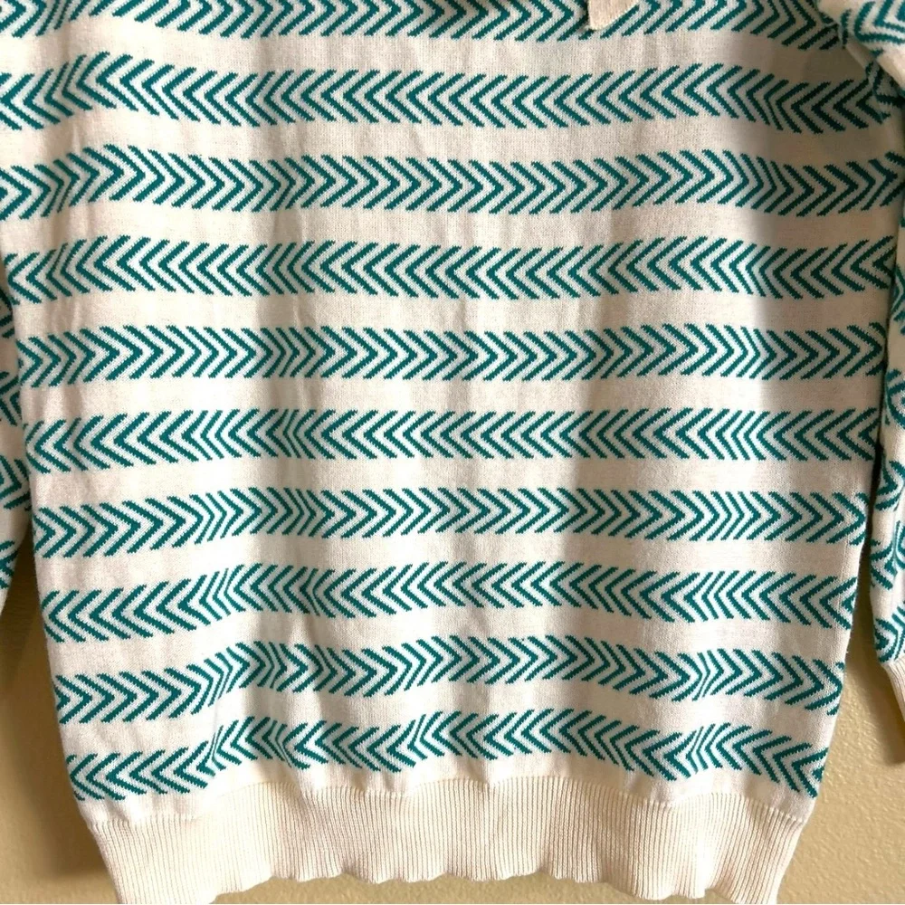 Oxknit Sweater Women’s XL 60s Retro Geo Mod Style Cotton Long Sleeve Teal Cream - Picture 6 of 16